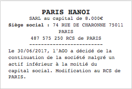 annonce legale continuation activite malgre pertes