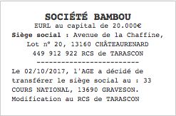 annonce legale transfert siege eurl