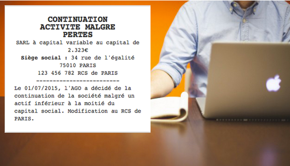 annonce legale continuation d'activite malgre pertes