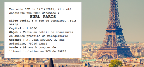 annonce legale eurl paris