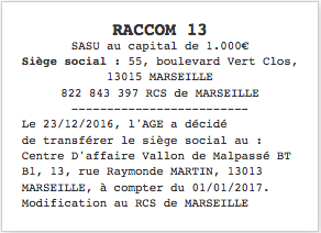 changement siege social annonce legale 