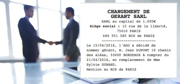 annonce légale changement de gérant SARL