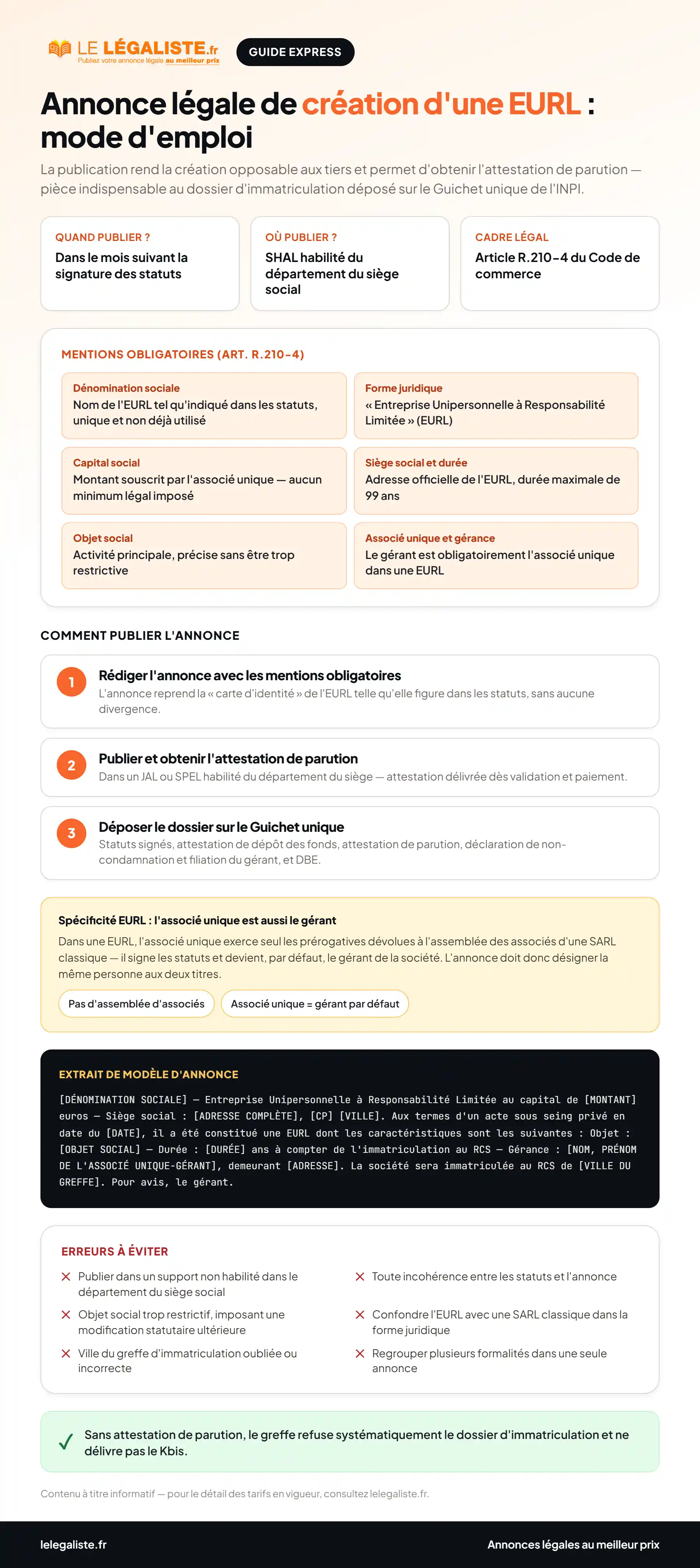 Guide express : comment publier une annonce légale de création d'EURL - mentions obligatoires, tarif et étapes de la procédure