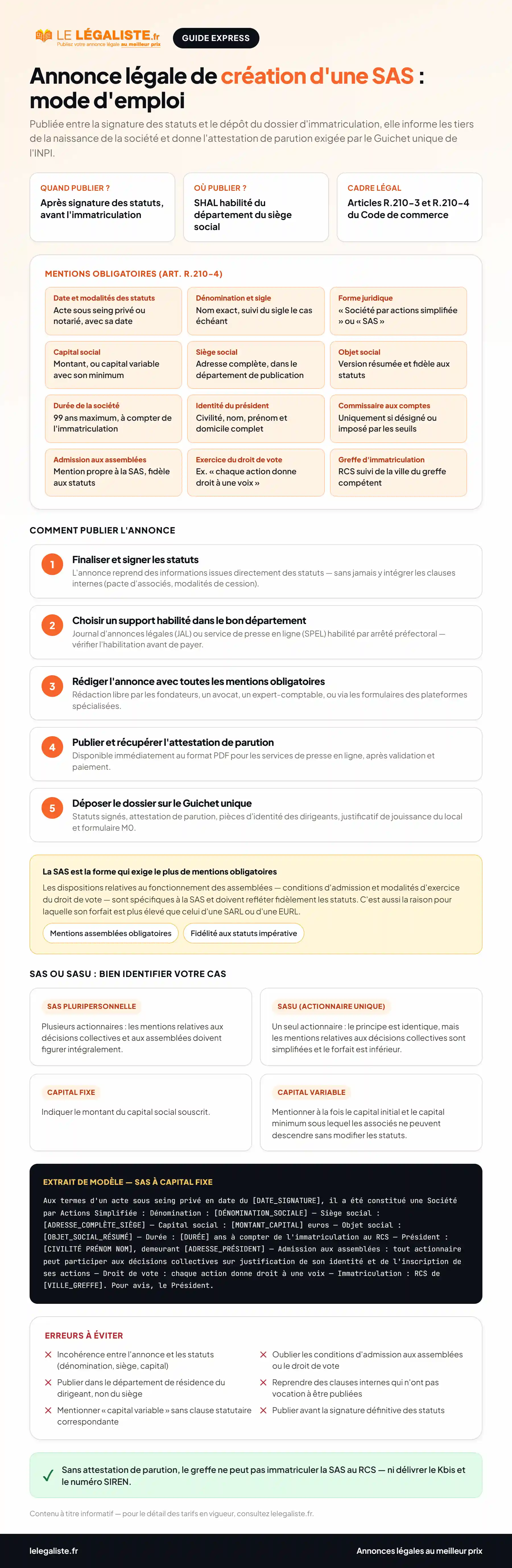 Guide express : comment publier une annonce l&eacute;gale de cr&eacute;ation de SAS - mentions obligatoires, tarif et &eacute;tapes de la proc&eacute;dure
