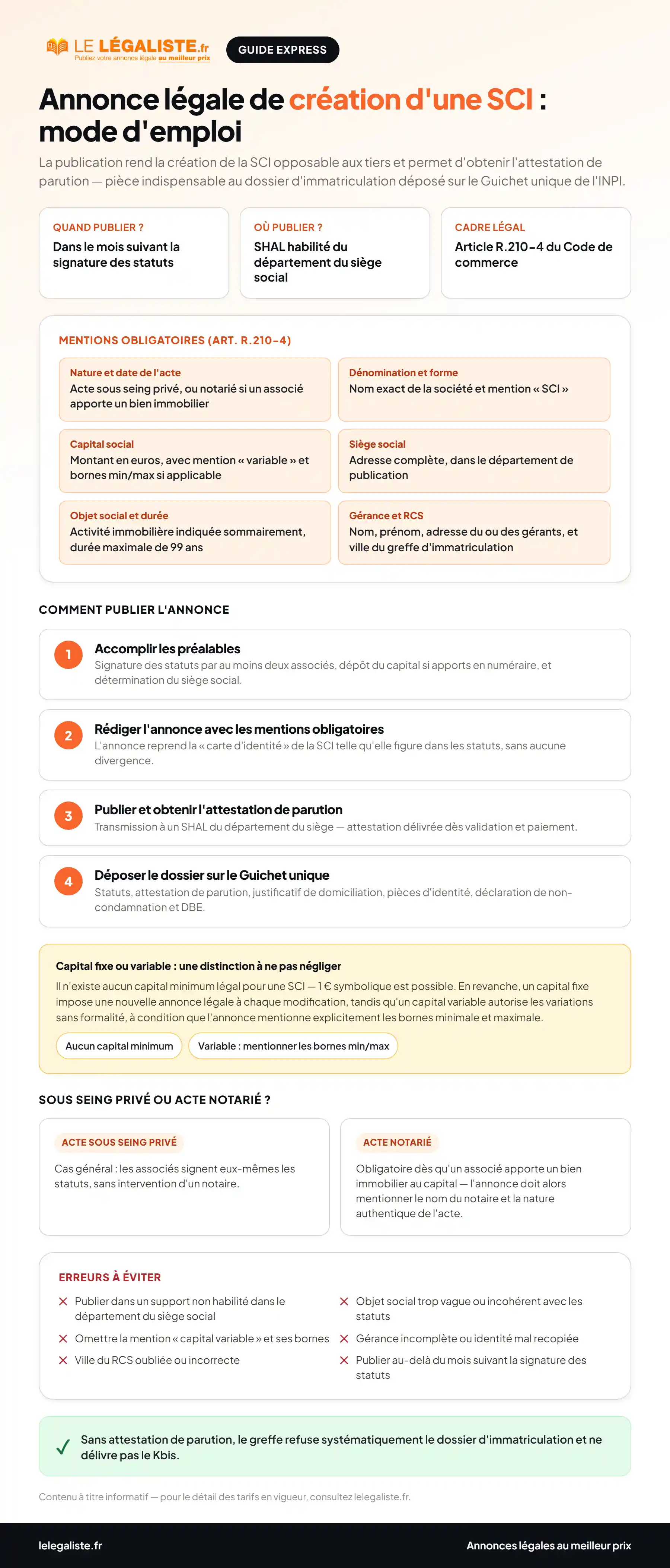 Guide express : comment publier une annonce légale de création de SCI - mentions obligatoires, tarif et étapes de la procédure