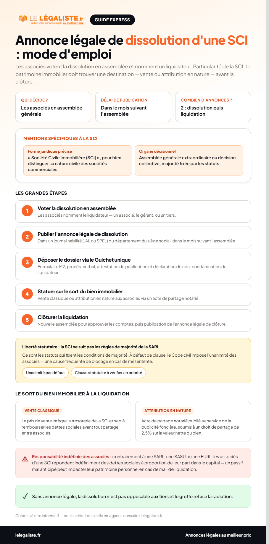 Guide express : comment publier une annonce légale de dissolution de SCI - liberté statutaire, sort du bien immobilier et 5 étapes de la procédure