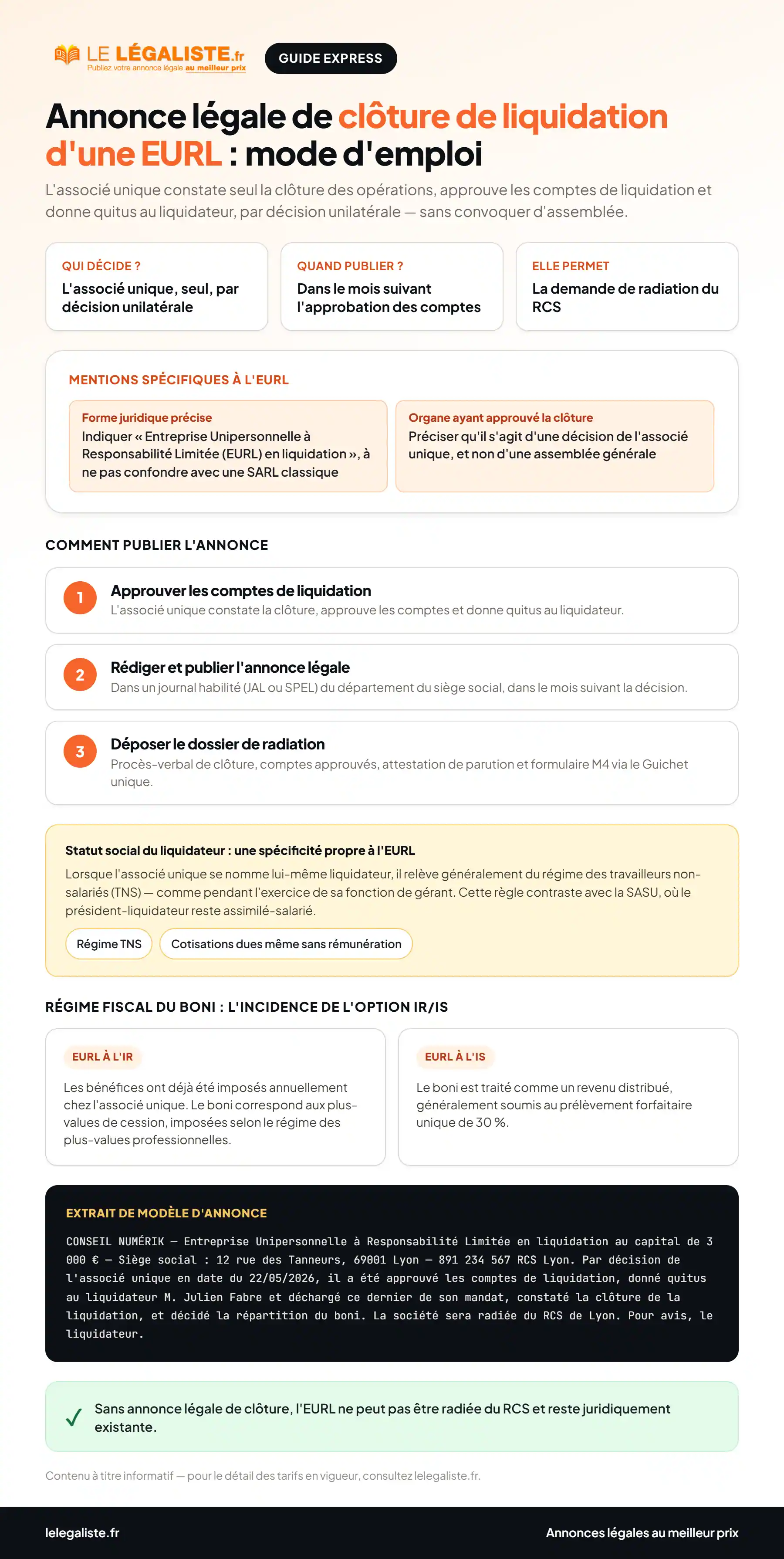 Guide express : comment publier une annonce légale de clôture de liquidation d'EURL - statut du liquidateur, régime fiscal du boni et démarches de radiation