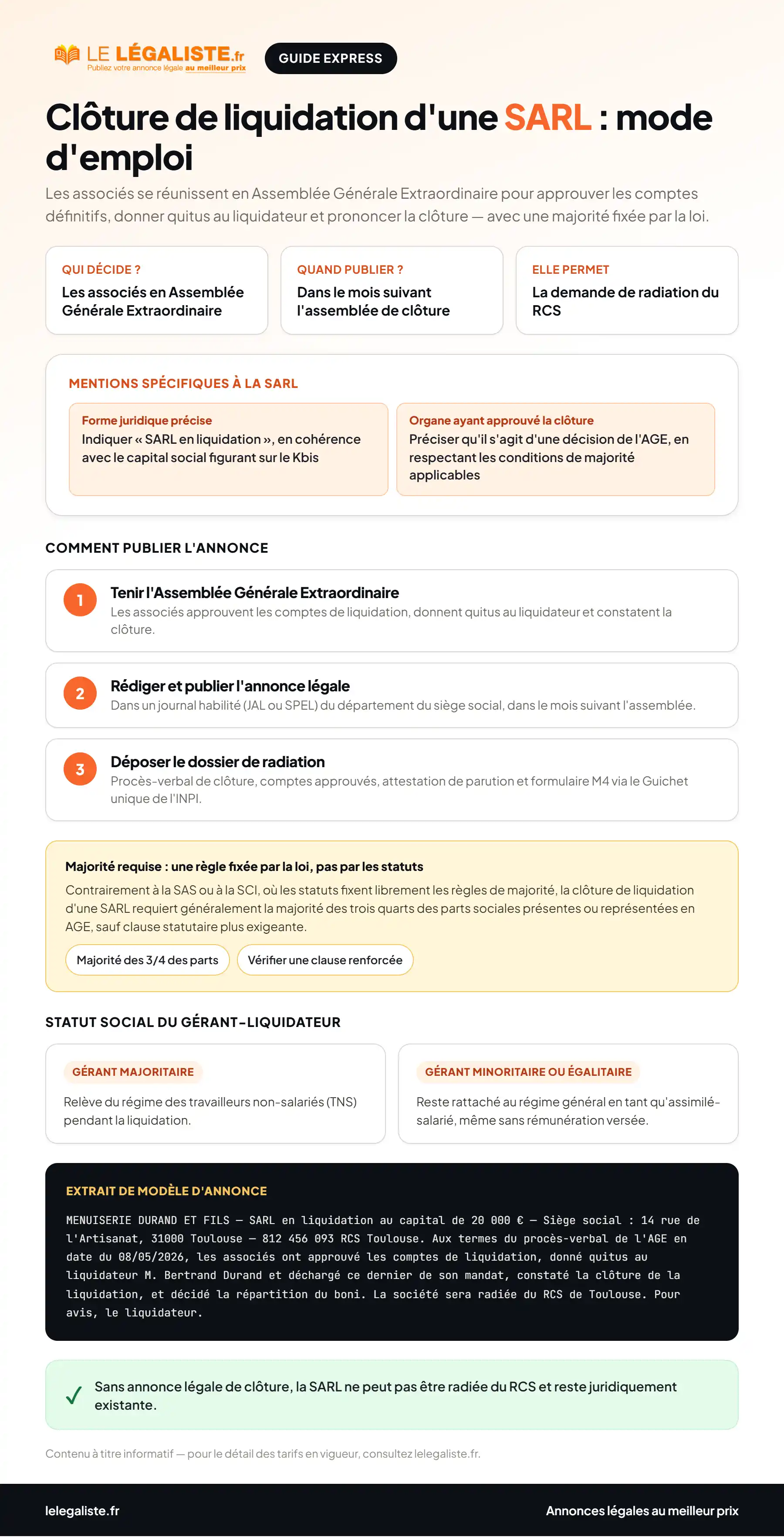 Guide express : comment publier une annonce l&eacute;gale de cl&ocirc;ture de liquidation de SARL - majorit&eacute; requise, statut du g&eacute;rant et d&eacute;marches de radiation