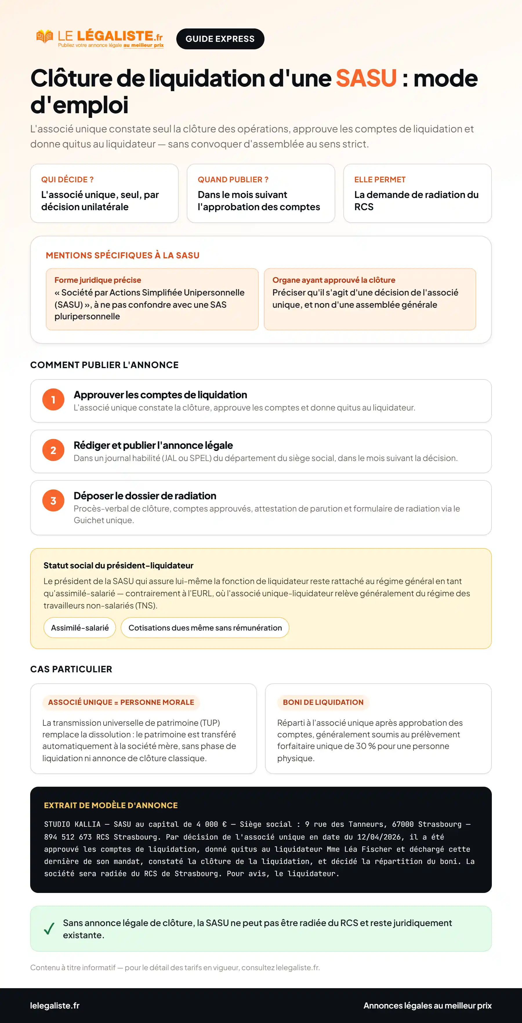 Guide express : comment publier une annonce l&eacute;gale de cl&ocirc;ture de liquidation de SASU - statut du liquidateur, mentions obligatoires et d&eacute;marches de radiation