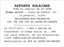 parution legale transfert siege eurl