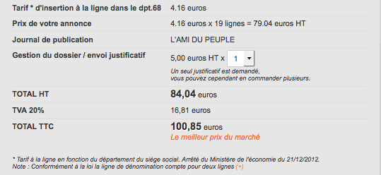 tarif annonce legale 68